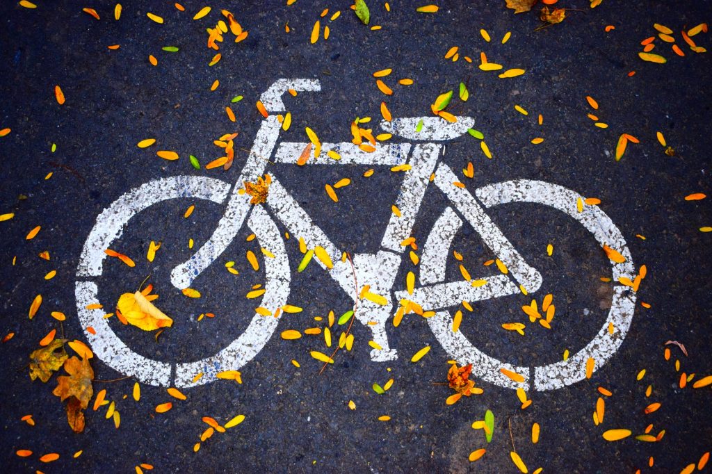 white bicycle road sign