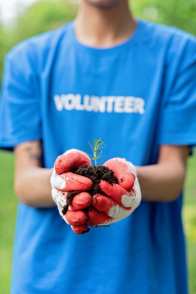 close up shot of a person holding a plant in a soil