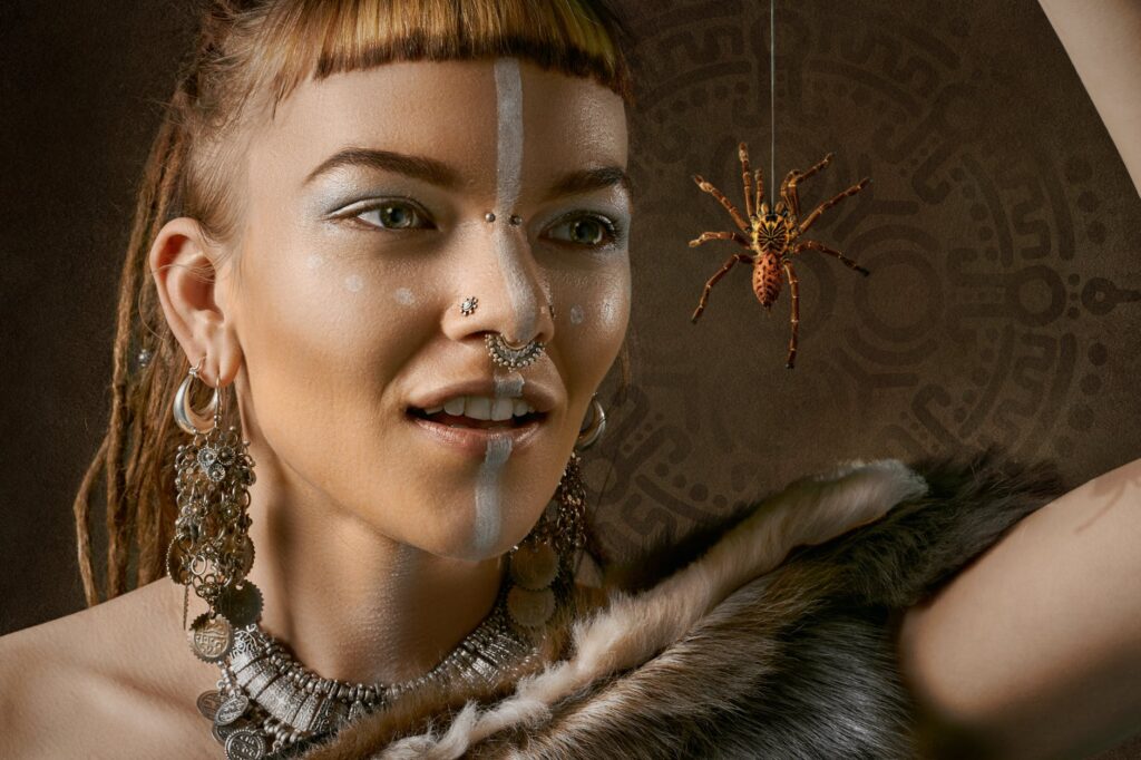 woman looking on spider