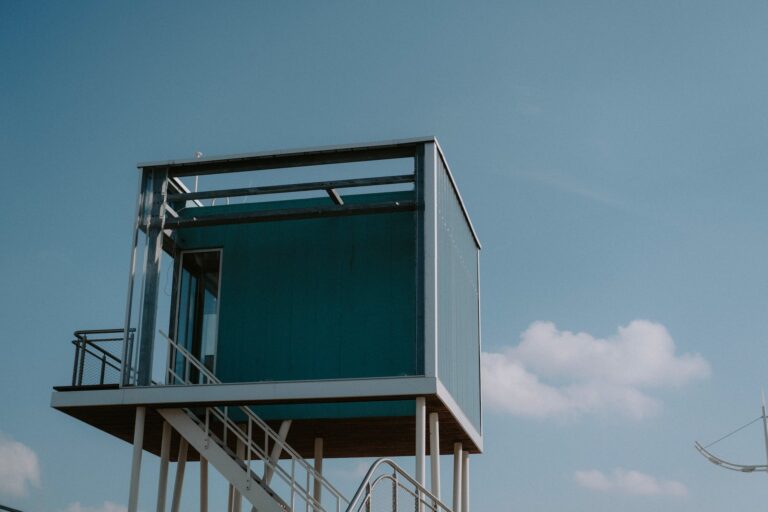 modular elevated building on blue sky background